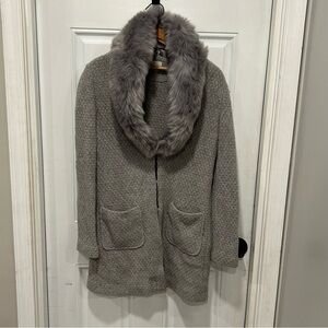 Ecru Gray Wool Cardigan Sweater, Faux Fur Collar, luxury, comfort, Size XS